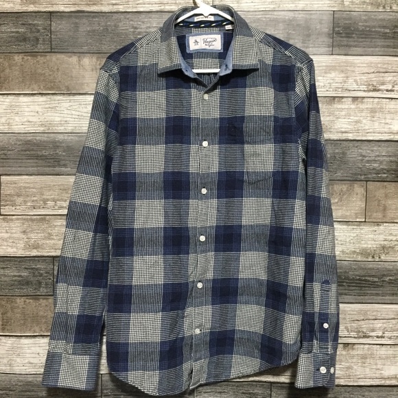 Penguin Heritage Slim Fit Flannel Shirt Men’s M Blue Black Plaid Button Up - Picture 3 of 9